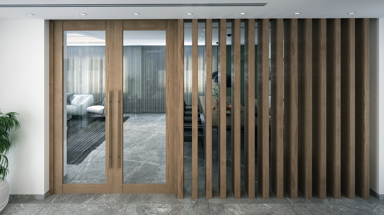 why-choose-us Stylish indoor space featuring a modern glass door with wooden frame and decorative slats.