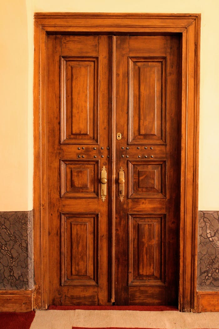 Elegant brown wooden double door with brass handles, showcasing classic architectural design.
